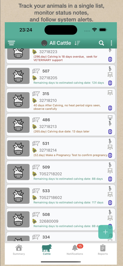 CowMaster- Herd Management App - CowMaster-App-Bildschirm, der eine Liste von Vieh mit Gesundheitswarnungen und Hinweisen zum Kalbestatus anzeigt