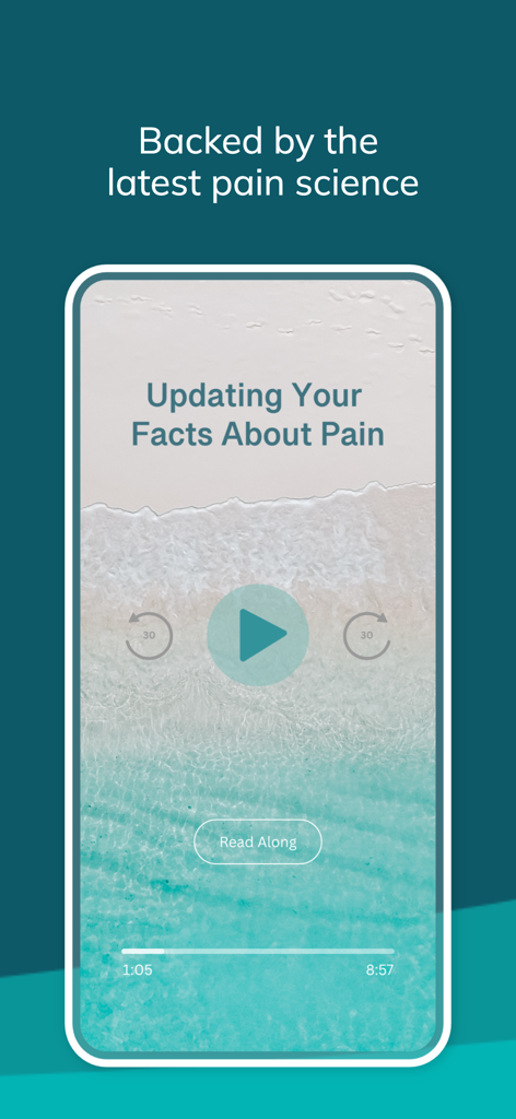 Curable app interface showing a pain science audio lesson titled Updating Your Facts About Pain