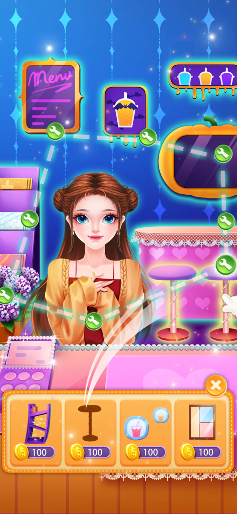 Colorful Bubble Tea Shop - Gameplay screenshot of Colorful Bubble Tea Shop showing a girl character and shop customization options.