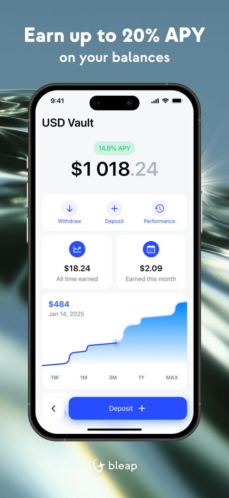 Bleap: Finance & Crypto Card - Interfaz de la aplicación móvil Bleap mostrando una bóveda en USD con altas ganancias APY y gráfico de rendimiento de inversiones