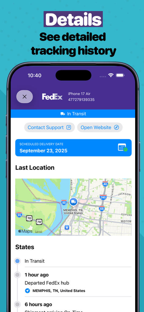 Deliveries Package Tracker - Mobile screen showing detailed tracking history for a FedEx package with a map and delivery status