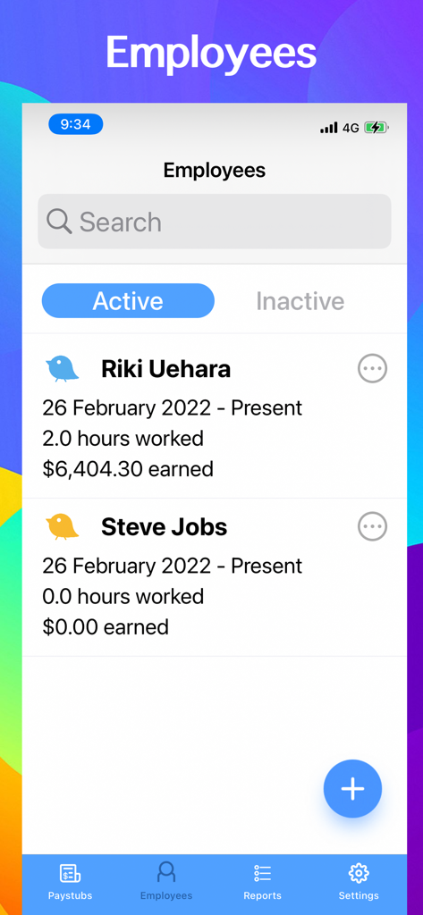 Paystub Generator - Mobile screen showing the employee list with hours worked and total earnings within the Paystub Generator app.