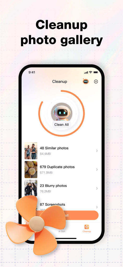 AI Cleaner app interface showing categories like similar photos, duplicates, and blurry photos to clean from an iPhone gallery