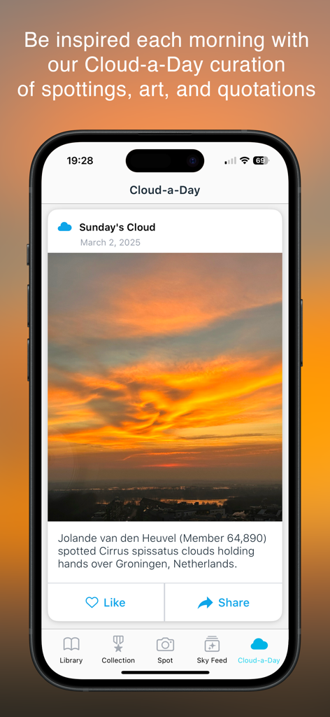 CloudSpotter app showing the Cloud-a-Day feature with a stunning sunset cloud photo.