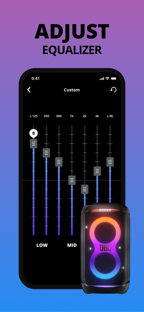 JBL PartyBox app interface showing custom equalizer sliders for sound adjustment