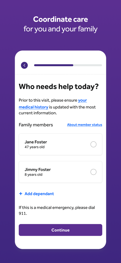 Teladoc Health - Teladoc Health app screen asking who needs help today with options to select family members or add a dependant