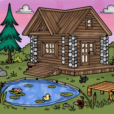 log cabin with pond