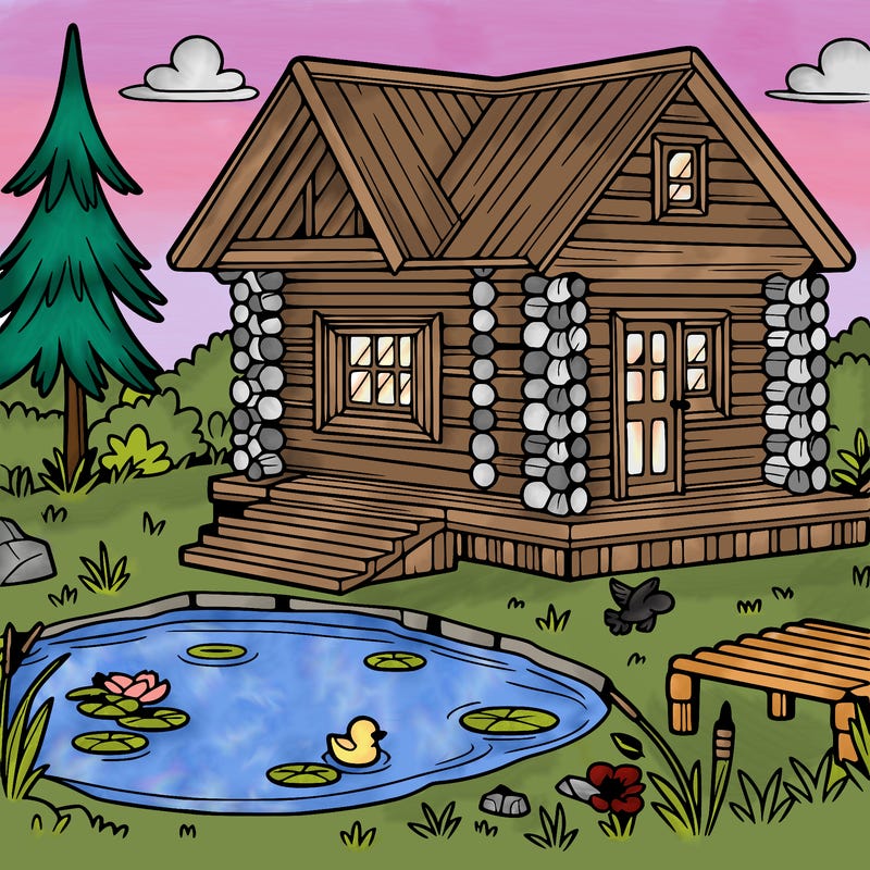 log cabin with pond