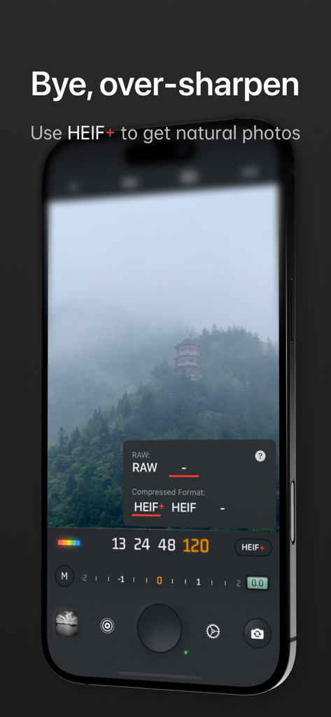 No Fusion-Powerful Pro Cam - Camera interface of the No Fusion app with a landscape photo and manual controls