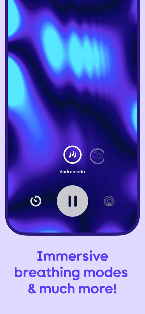 Captura de pantalla de la aplicación Lungy que muestra el modo de respiración inmersivo Andromeda con visuales interactivos azules y púrpuras