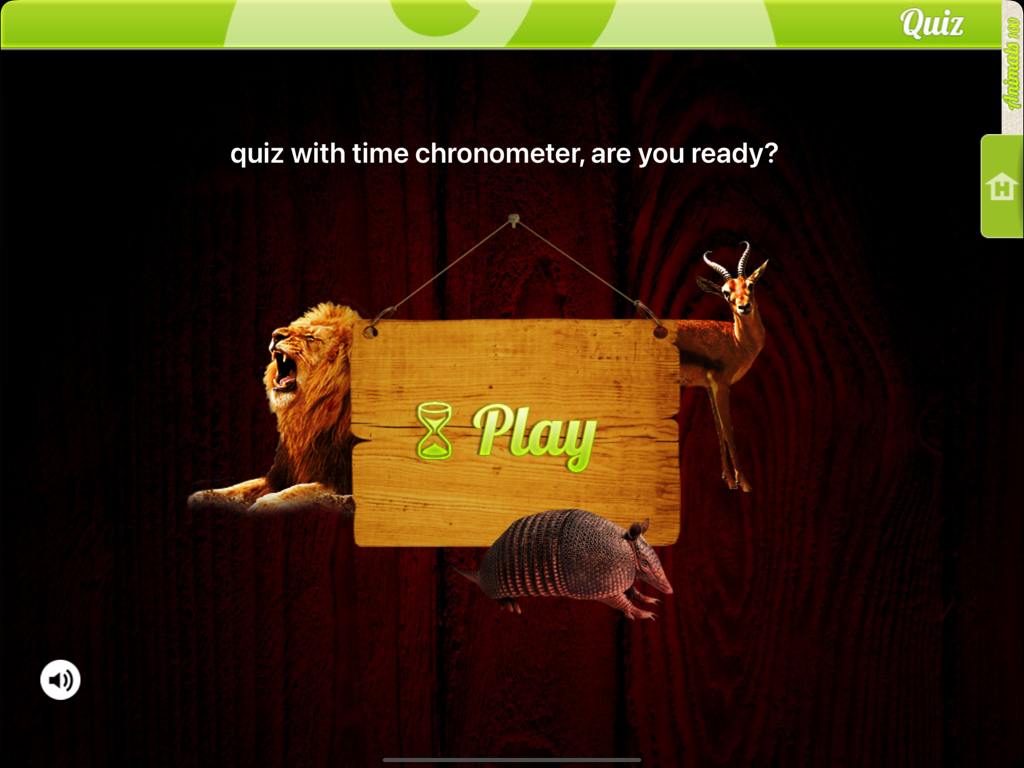 Real Animals 360 - Écran de démarrage du quiz sur les animaux avec des photos réalistes de lion, d'antilope et d'autre.