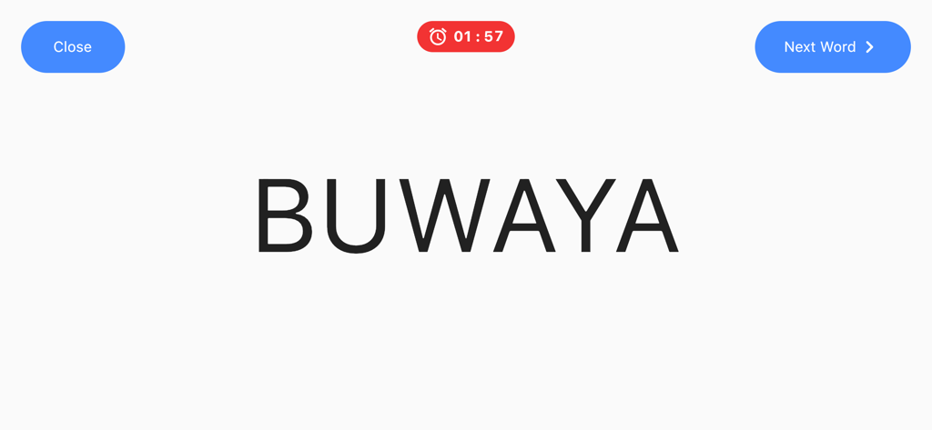 Gameplay screen of Pinoy Henyo Word Game showing the word BUWAYA and a countdown timer