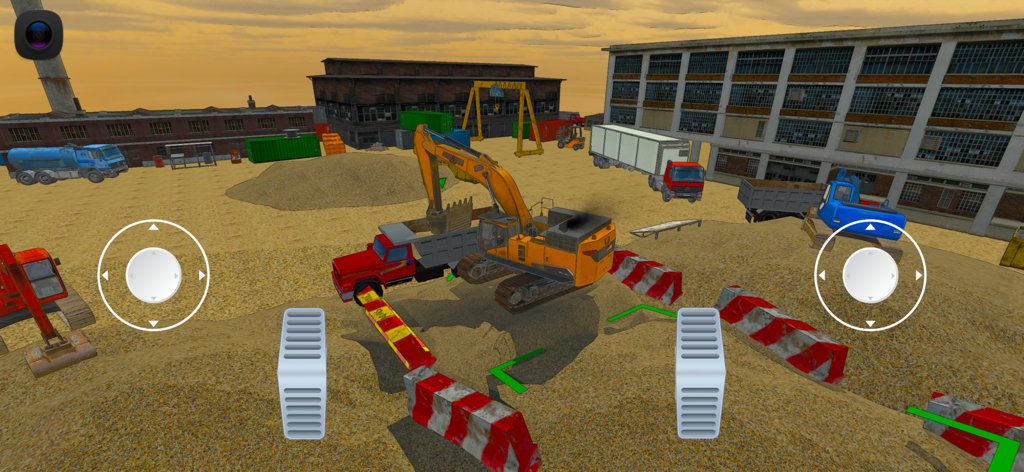 A yellow excavator in a construction yard with mobile game controls