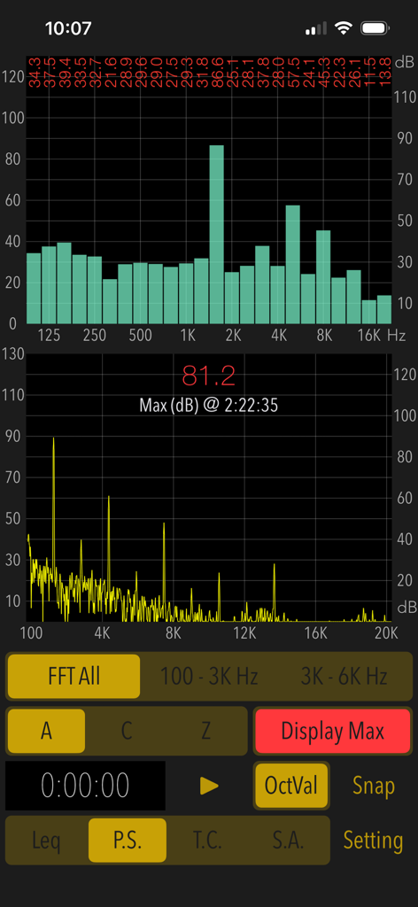 Sound Level Analyzer PRO - Power spectrum and FFT frequency analysis screen on Sound Level Analyzer PRO app