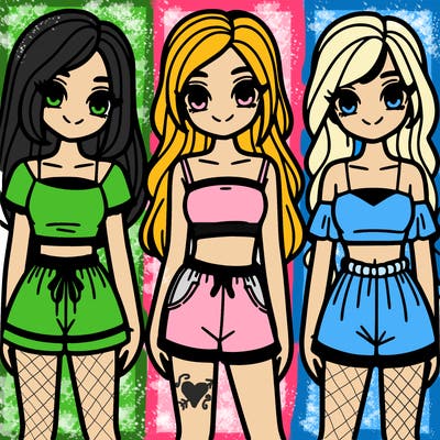 a group of girls wearing crop tops and shorts