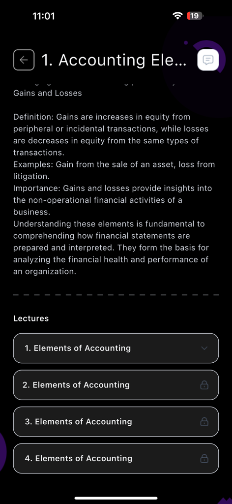 IVY Online - Learning Platform - Screenshot of an accounting lesson about gains and losses on the IVY Online learning platform app