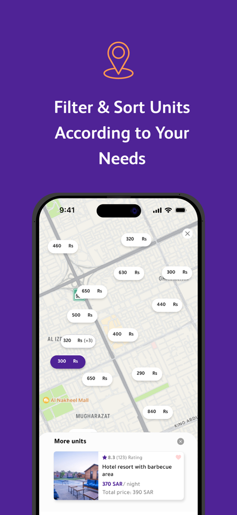 Gathern جاذر إن - Gathern app map interface showing property listings and prices in Saudi Arabia