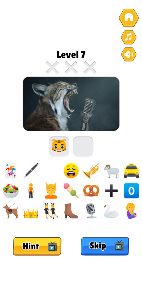 Guess the Emojis - Memes Quiz - 絵文字当てクイズのレベル7。下に絵文字の選択肢がある、歌うオオヤマネコのミームが表示されています。