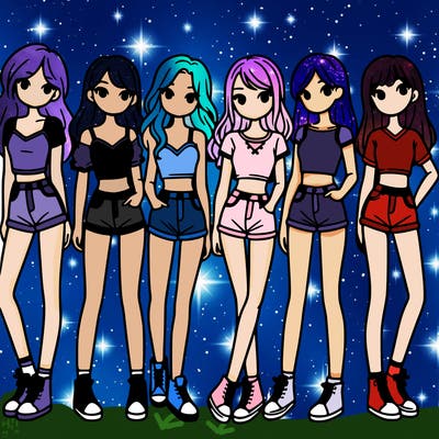 a group of girls wearing crop tops and shorts