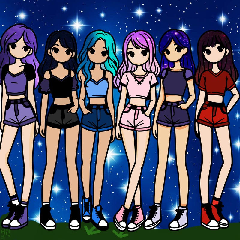 a group of girls wearing crop tops and shorts