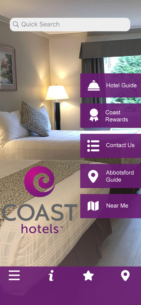 Coast Abbotsford Hotel - Menu principale dell'app mobile Coast Abbotsford Hotel con opzioni per la guida dell'hotel, i premi e le informazioni sulla città locale