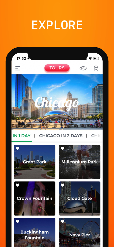 Chicago Travel Guide . - Chicago Travel Guide app interface displaying daily itineraries and famous landmarks