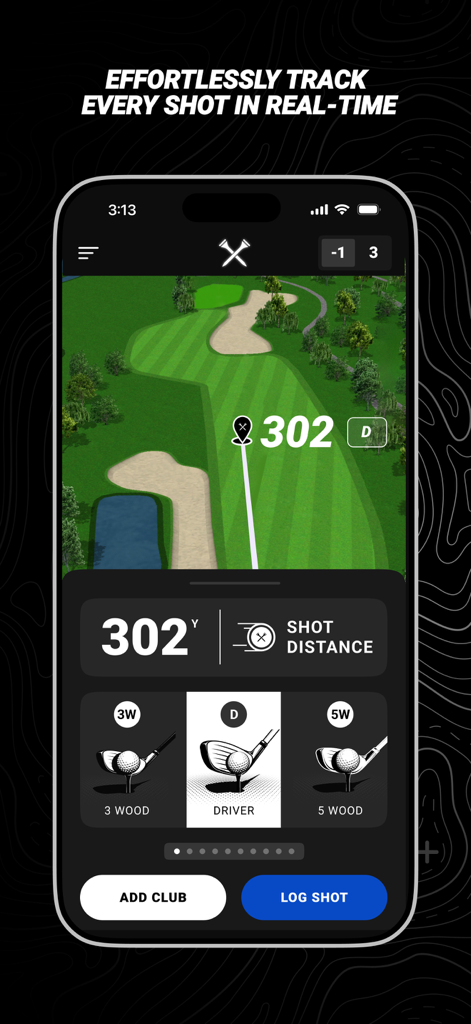 Blue Tees GAME: AI Golf GPS - Interfaccia di tracciamento dei colpi di golf in tempo reale che mostra la selezione del bastone e la distanza del colpo su una mappa 3D del campo