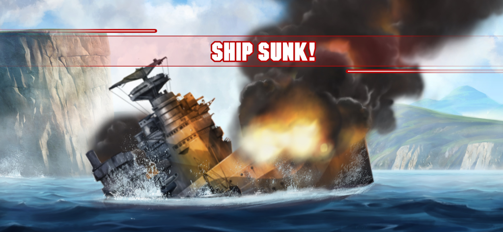 Uma animação cinematográfica de um navio de guerra afundando com fumaça e fogo no jogo móvel oficial Battleship.