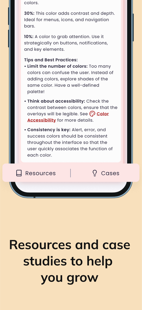 X Decks – UX/UI Cards & Tools - Pantalla de la aplicación móvil de X Decks que muestra las mejores prácticas de color de UI con secciones de recursos y estudios de caso.