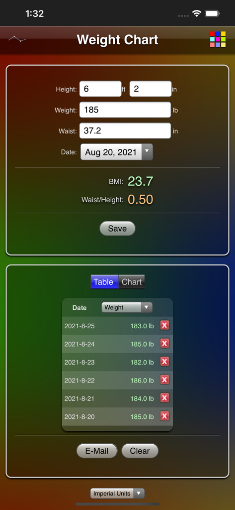 Weight Chart - Weight Chart app interface showing input fields for height weight and waist alongside a historical data table