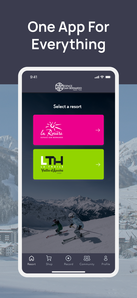 Espace San Bernardo mobile app home screen for selecting La Rosiere or La Thuile ski resorts