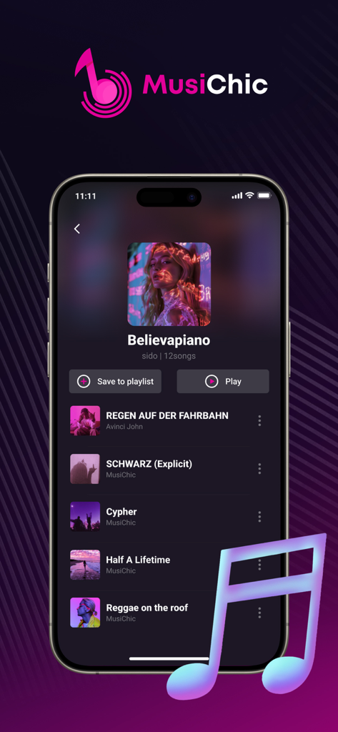 MusiChic offline music player displaying an album tracklist and playback options on a smartphone.
