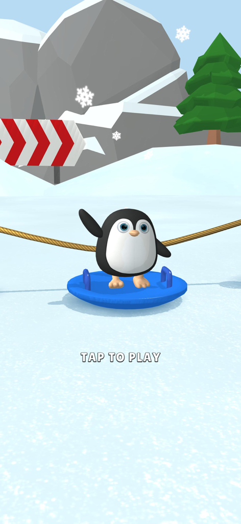 Un pingüino adorable en un trineo azul en un paisaje montañoso nevado con un aviso de tocar para jugar
