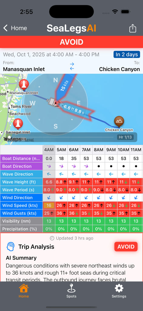 SeaLegs AI - Interfaz de la aplicación SeaLegs AI que muestra una recomendación de evitar el viaje con datos detallados de clima marino y análisis de IA