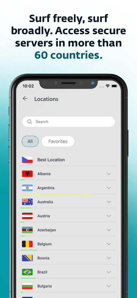 ESET VPN app screen displaying a searchable list of secure server locations across different countries