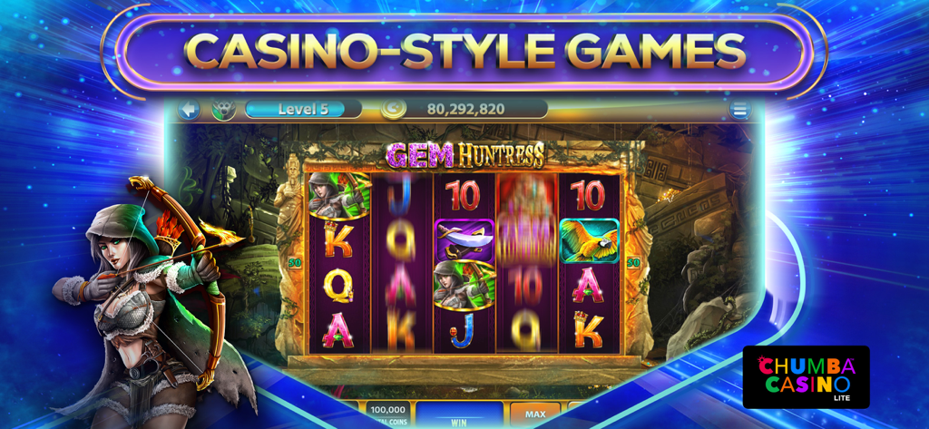 Chumba Lite – Casino games - Gameplay screen of Gem Huntress slot machine in Chumba Lite app.