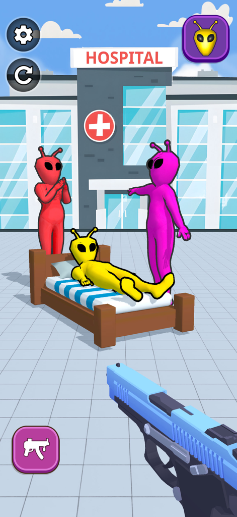 Annoying Ragdoll Shooter Game - A first person view of a mobile game where the player shoots colorful ragdoll aliens at a hospital