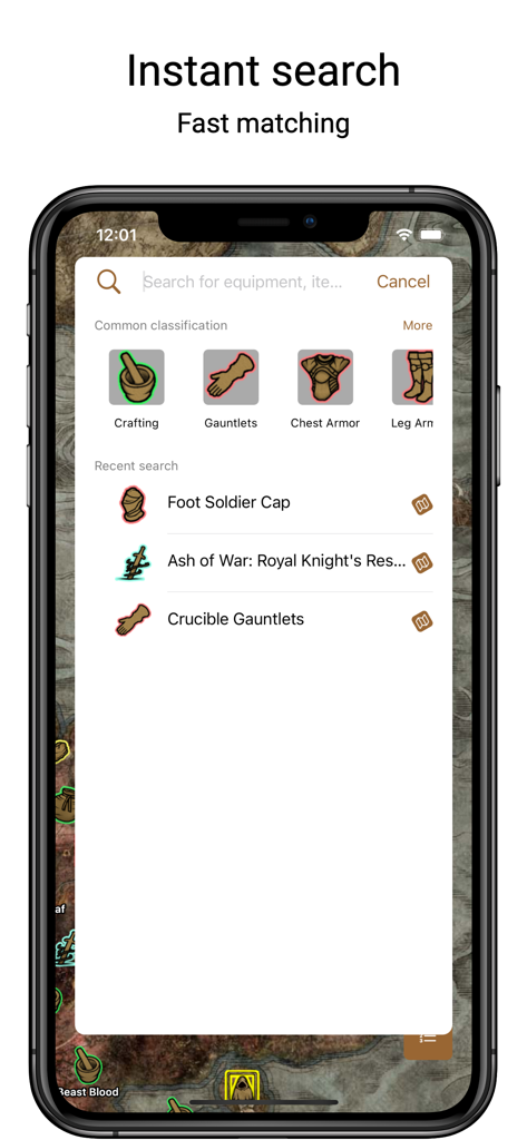 Elden Map - Interactive Map - Interfaz de búsqueda que muestra categorías de armaduras y objetos de Elden Ring con búsquedas recientes.
