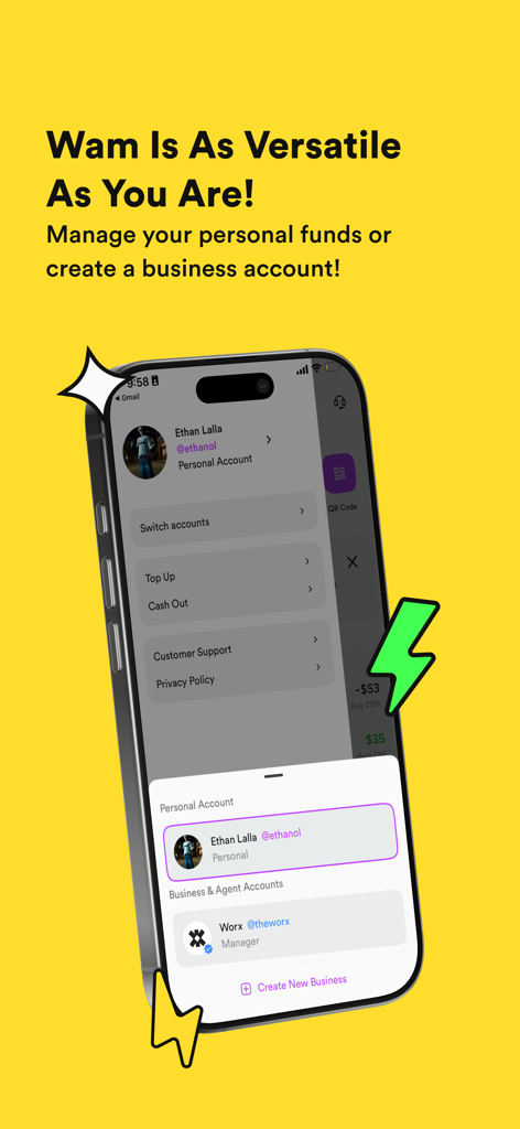 Smartphone screen of the Wam app showing options to switch between personal and business accounts.