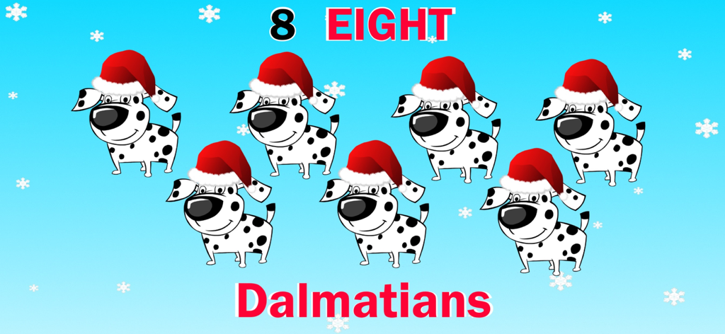 Eight dalmatian dogs wearing Santa hats in a counting educational game for kids