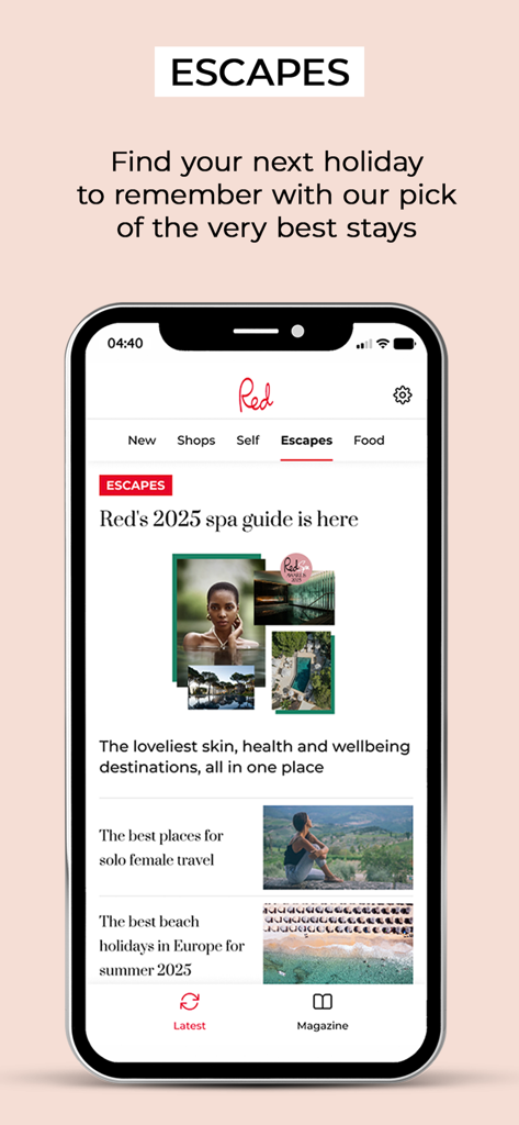 Red magazine UK - Red UK 앱의 '탈출' 섹션 스크린샷으로 럭셔리 스파 가이드와 유럽 여행 추천 정보를 제공합니다.
