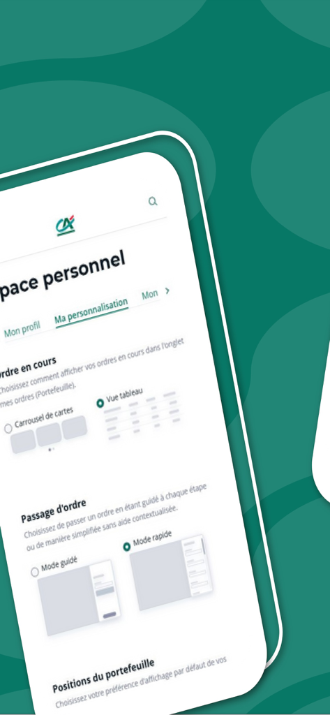 CA Bourse - Persönlicher Einstellungsbildschirm der CA Bourse App mit Optionen für die Portfolioanzeige und Orderplatzierungsmodi.