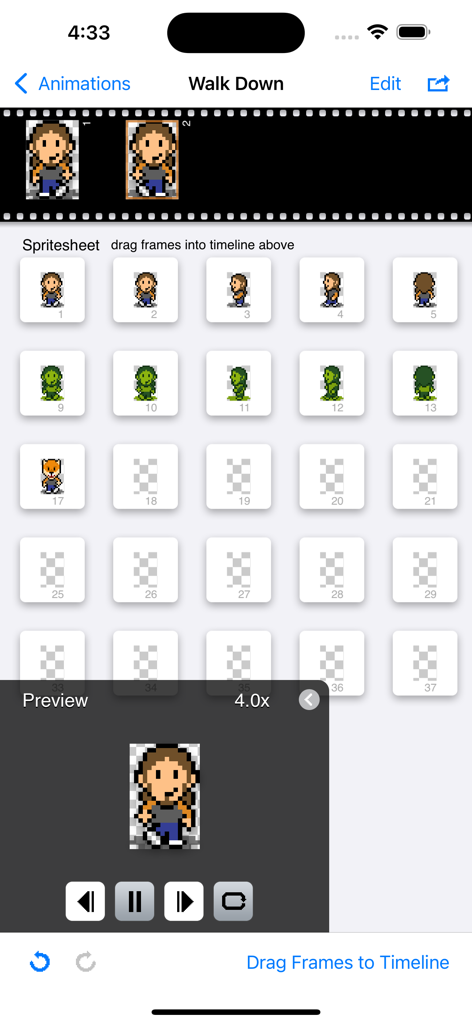 Sprite Something 앱의 픽셀 아트 애니메이션 편집기로, 캐릭터 프레임과 라이브 미리보기 창이 보임