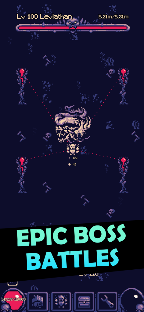 OneBit Adventure - OneBit Adventureのピクセルアートゲームプレイ。レベル100のレヴィアタンとの壮大なボスバトルが表示され、画面上部にHPバーがある。