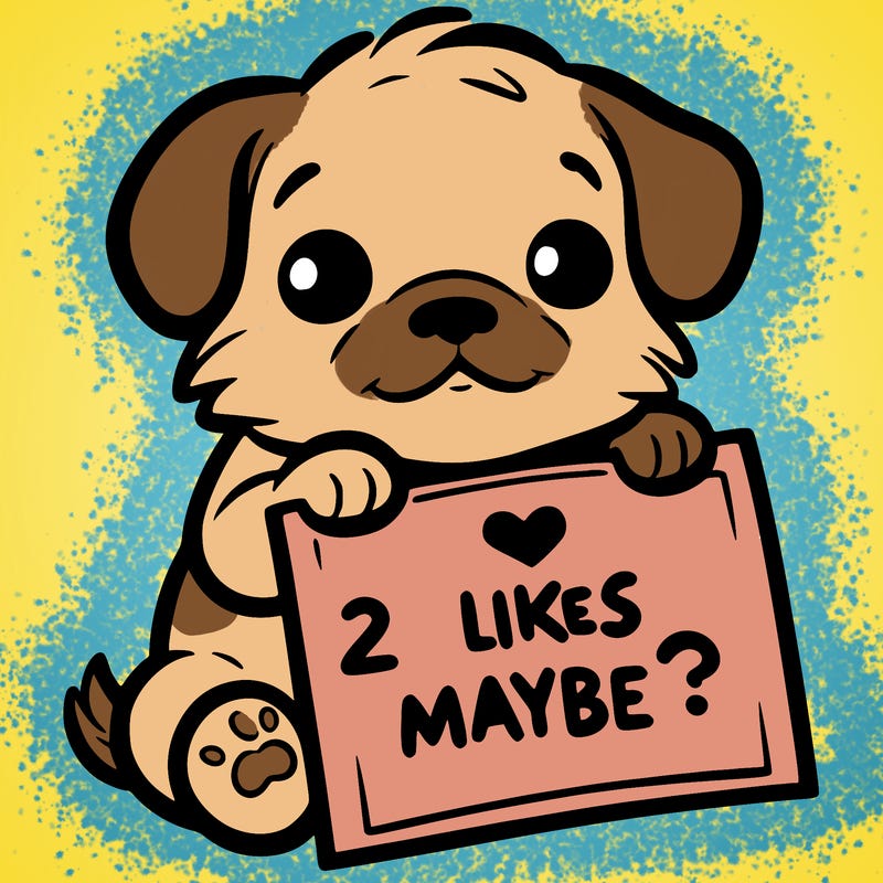 a puppy holding a sign that says 2 likes maybe?