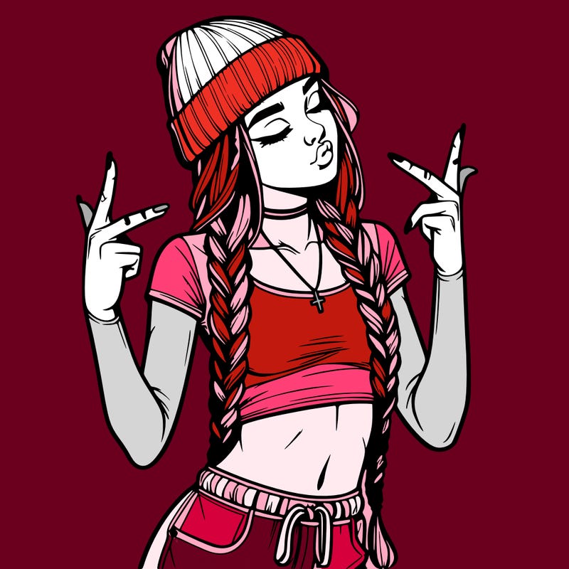 realistic teenage girl with braids and a beanie and crop top doing 🫶🏼