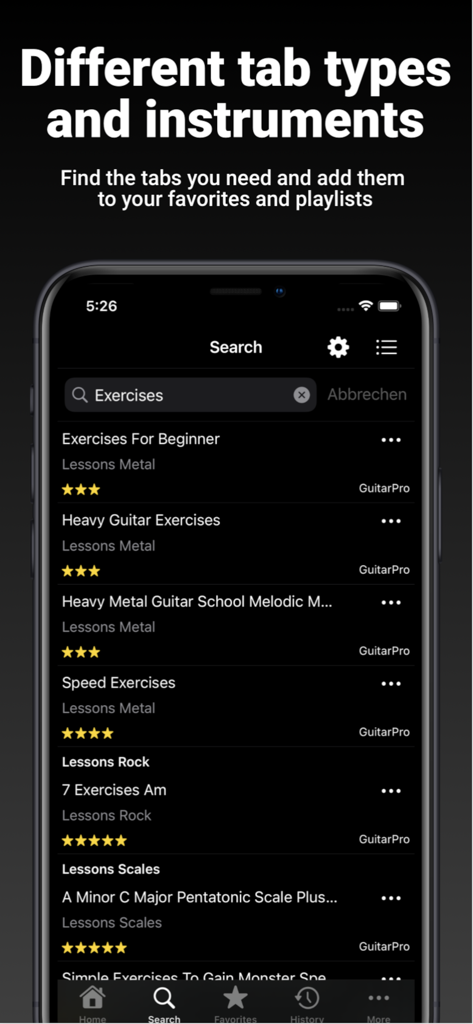 GuitarTab - Tabs & chords Pro - GuitarTab app search screen showing a variety of guitar exercises and lessons for different genres