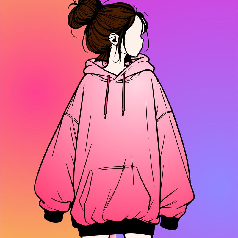 realistic girl with a oversized sweatshirt on and a bun