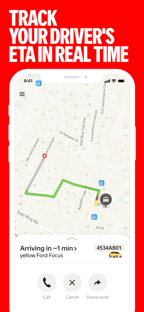 Interfaz de seguimiento del conductor en tiempo real y ETA de Yango Lite