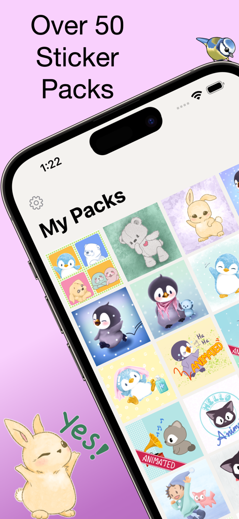 PT Sticker Shop - Pantalla de la aplicación PT Sticker Shop mostrando una cuadrícula de lindos paquetes de stickers animados dibujados a mano con animales como pingüinos y conejos